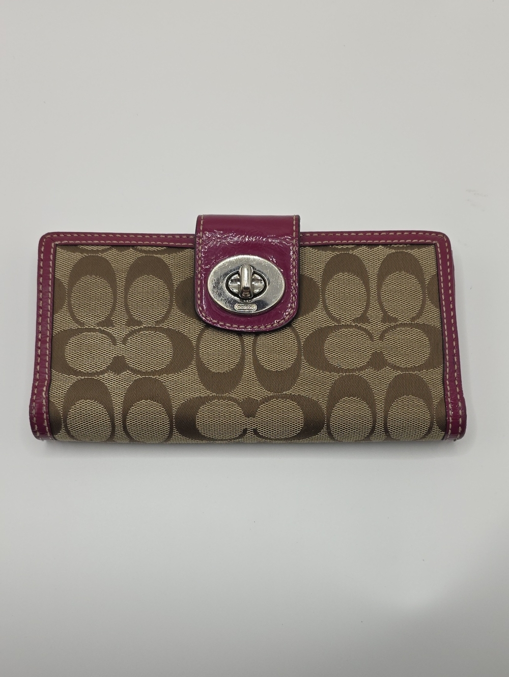 Coach Khaki Signature Canvas Wallet with Pink Trim and Turn-Lock